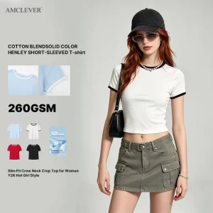 Women’s Ringer Tee Contrast Collar Cuff Stitching Round Neck Crop Top Regular Shoulder Slim Fit Body Shaping T Shirt Baby Tee