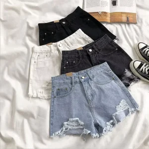 Women’s Ripped Denim Shorts High Waisted Loose Fit Wide Leg Summer Casual Wear Medium Wash