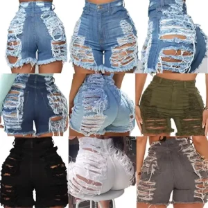 Women’s Ripped Denim Shorts Sexy High Elasticity Worn Out Summer Women’s Denim Shorts