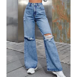 Women’s Ripped Jeans Pants Casual Flare Jeans Ladies Denim Pant