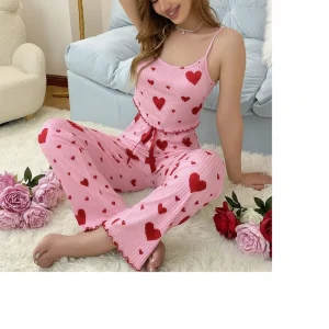 Womens Romantic Luxury Two Piece Heart Print Sleepwear Summer Homewear Short Vest and Pants Breathable Night Suit