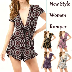 Women’s Romper Custom Hawaiian Printed Sleeveless Milk Silk Fabric Summer Casual Lace Trim Tie Strap Jumpsuit