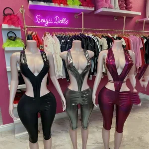 Women’s Romper Deep V Neck Backless Tight Two Pieces Bodysuit with Pants Y2K Style Club Wear