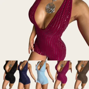 Women’s Rompers Sexy Jumpsuit Summer Slim Fit Rhinestone Deep V Casual Sleeveless One Piece Romper for Ladies