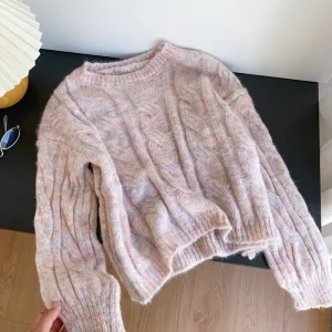 Women’s Round Neck Cable Knit Sweater Soft Loose Fit for Winter