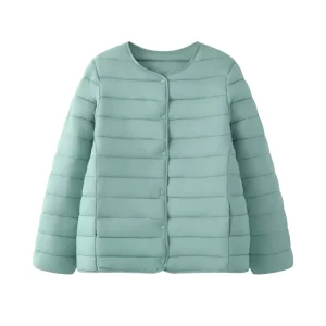 Women’s Round Neck Insulated Coat with Front Buttons for Daily Wear