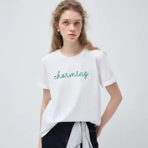 Women’s Round Neck Letter T-shirt Charming Embroidery Spring White Casual Short Sleeve Tee Fashion Versatile Top