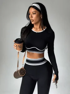 Women’s Round Neck Long Sleeved Yoga Set Fitness Workout Sports Seamless Tights High Waisted Butt Lifting Yoga Legging Sets