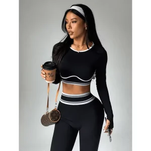 Women’s Round Neck Long Sleeved Yoga Set Fitness Workout Sports Seamless Tights High Waisted Butt Lifting Yoga Legging Sets