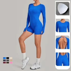 Women’s Round Neck Open Back Adjustable Sports Romper Built in Bra Butt Lifting One Piece Yoga Jumpsuit for Running Fitness