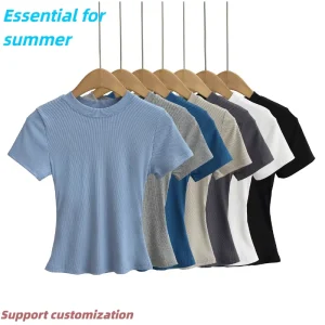Women’s Round Neck Short Crop Knitted T Shirt Breathable Solid Color Form Fitting Summer Top Custom Made Clothing