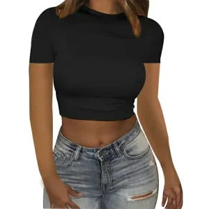 Women’s Round Neck Slim Fit Solid Color Short Sleeved T-shirt Top OEM