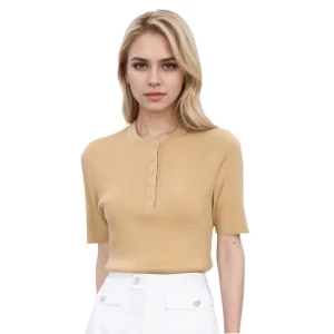 Women’s Round Neck T-Shirt Lyocell Triacetate Fiber Short Sleeves Slim Pullover Top with Button