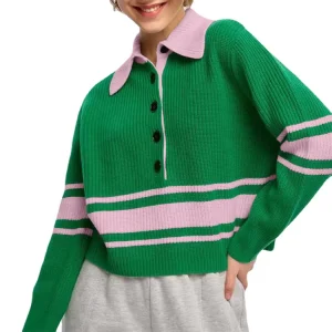 Women’s Royal Blue and White Sorority Winter Casual Knitwear Cable Knit Striped Front Logo Long Sleeve Knit Sweater