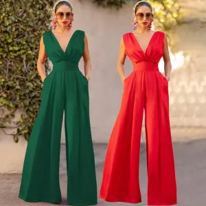 Womens Ruched Dress Jumpsuits Formal Office Palazzo Pants Wide Leg Trousers High Waist Elegant Rompers Playsuit Jumpsuit
