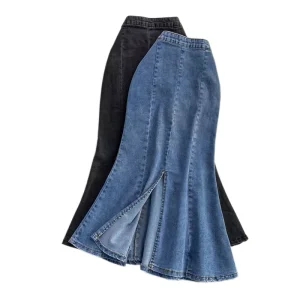 Women’s Ruffled Denim Skirt, High-Waist, Mid-Length, Split Hip, Long Jean Skirt