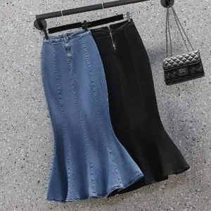 Women’s Ruffled Denim Skirt, High-Waist, Slim-Fit, Mid-Length, Split Hip, Long Jean Skirt