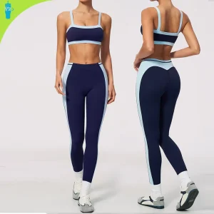Women’s Running Fitness Set 2 Piece Color Block Splicing Backless Sports Bra High Waist Compression Leggings Quick Dry Gym Wear
