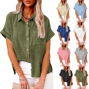 Women’s S-3XL Size Spring Summer New Casual Shirts Tops Cotton Linen Pocket Solid Short Sleeve Shirt T-shirt Women’s Blouse