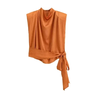 Women’s Satin Bow-Embellished High-Neck Sleeveless Top, 2279342