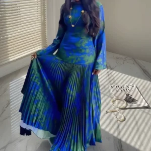 Women’s Satin Pleated Big Swing Formal Printed Long Dress