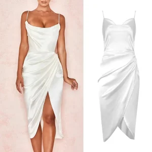 Women’s Satin Ruched Side Asymmetrical V Neck Bodycon Dress White Party Cami Dress