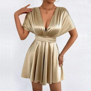 Women’s Satin Sexy Summer V neck Elastic Waist Sleeveless Short Skirt Dress