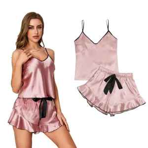 Women’s Satin Silk Pajama V Neck Cami Top With Self Tie Shorts Set Silky Lace Nightwear Lingerie Short Sleepwear