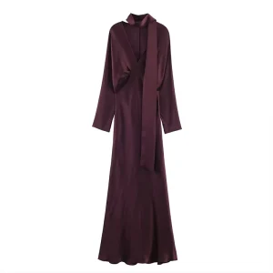 Women’s Scarf Dress Retro Solid Color Long Sleeve Elegant Women’s Long Dress
