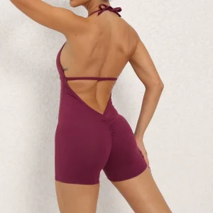 Women’s Seamless Halter Neck Gym Jumpsuit Open Back Yoga Romper Scrunch Butt Lifting Fitness Bodysuit