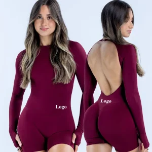 Women’s Seamless Long Sleeve Backless Yoga Jumpsuit Sexy Bodysuit Lifting Hip Rompers One Piece Activewear Gym Workout Wear