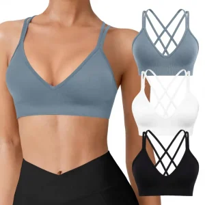 Women’s Seamless Medium Support Sports Bra Deep V Neck Crisscross Straps Comfortable