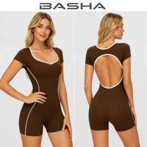 Women’s Seamless Open Back Workout Romper Short Sleeve Body Sculpting Yoga Jumpsuit Custom Logo