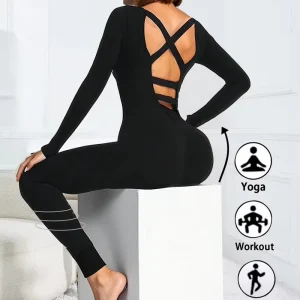 Women’s Seamless Quick Dry Breathable Four Way Stretch Long Sleeve Yoga Bodysuit One Piece Workout Romper with Leggings