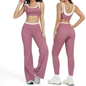 Women’s Seamless Ribbed High Waist Yoga Fitness Set Two Piece Solid Contrast Color Breathable Sheer Workout Outfit