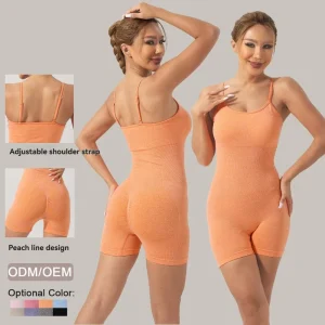 Women’s Seamless Spaghetti Strap Short Jumpsuit One-Piece Ribbed Romper Yoga Jumpsuit