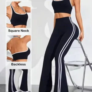 Women’s Seamless Sportswear Set Contrast Color Halter Fitness Bra & Flared Pants Push Leggings Breathable Yoga Activewear Solid