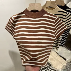 Women’s Half Turtleneck Striped Short Sleeve Crop Top Slim Fit Soft Breathable Knitted Blouse Casual Wear Multi-Color