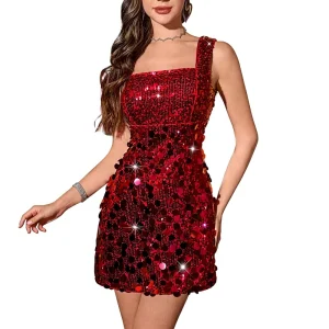 Women’s Sequin Dress Short Sparkly Disco Party Cocktail Glitter Homecoming Pencil Silhouette Illusion Square Neck Sleeveless