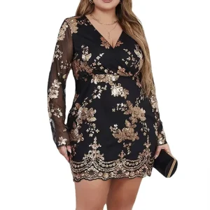 Women’s Sequin Glitter Long Sleeve Dress Sexy V Neck Cocktail Party Club Dresses