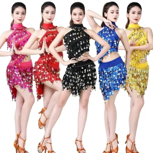 Women’s Sequin Tassel Backless High Neck Mini Club Dress with Built-in Bra for Dance Show Costumes