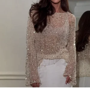 Women’s Sequins Knit Hollow Out Pullover Loose O neck Long Sleeve Female Sweater Spring Lady Shinny Chic Shirt