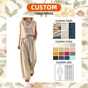 Women’s Set Vintage Spring Summer ODM Casual Regular Fit Solid Linen Garment Dyed Eco-Friendly Tank Top Wide-Leg Pants