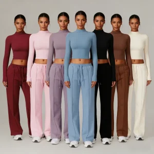 Women’s Sets Mock Neck Long Sleeve Crop Top Pintuck Wide Leg Sweatpants Casual Tracksuit Sets for Women
