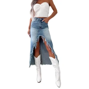 Women’s Sexy Asymmetrical Denim Skirts Vintage Washed Irregular Raw Hem High Waist Distressed Spring OEM Bulk Stock