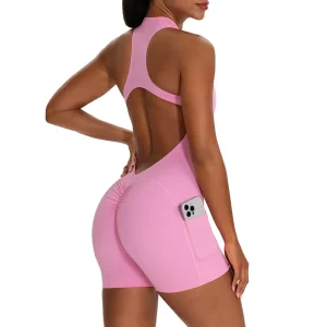 Women’s Sexy Back Cutout Bodysuit Built in Bra Peach Bum Pocketed Fitness Romper Breathable Sweat Wicking Nylon Spandex