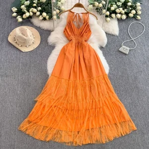 Women’s Sexy Backless Lace Panel Waist Defining Long Dress for Beach Vacations