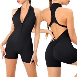Women’s Sexy Backless Yoga Romper Sleeveless Zip Front Sports Jumpsuit Butt Lifting One Piece Activewear Dance Unitards