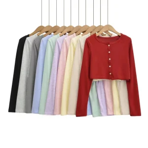 Women’s Sexy Button Down Crop Tops Lightweight Breathable Long Sleeve Round Neck Slimming Yoga Shirt