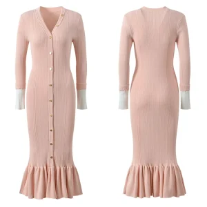 Women’s Sexy Club Button Simple Maxi Long Sleeve Knitting Sweater Dress Breathable Office Casual